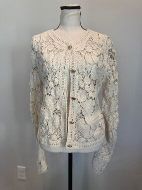 Cloth by Design Ladies Cream Floral Lace Cardigan with Vintage Charm,Medium, NWT